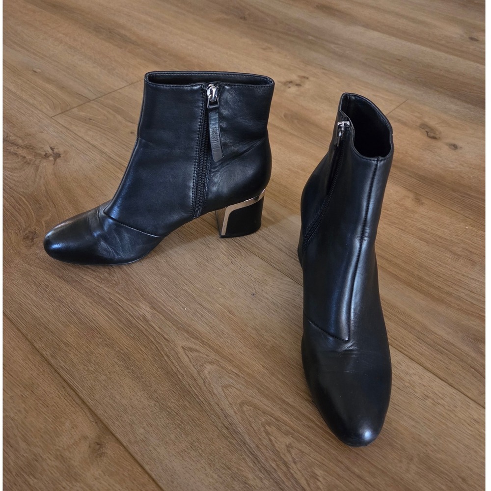 DKNY Crosbi Black Leather Almond Toe Chrome‎ Detail Ankle Boots